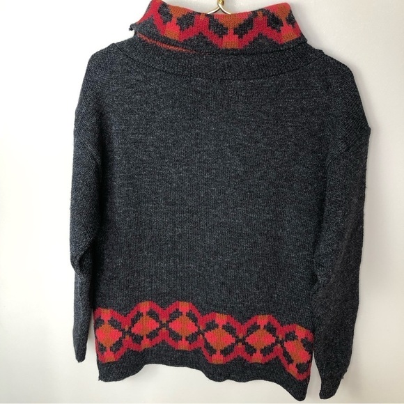 Vintage gray wool cowl neck red & rust artsy pattern sweater S/M - Picture 3 of 9